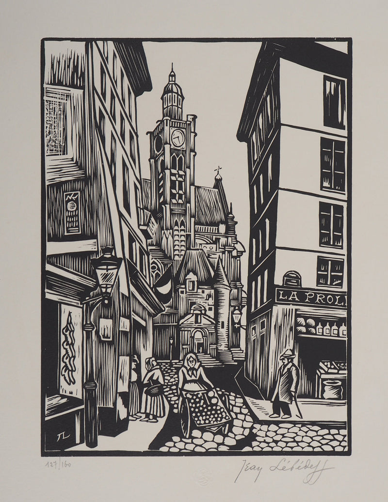 Jean LEBEDEFF : Vieux Paris. Rue de la Montagne-Sainte-Geneviève, 1924 - Gravure sur bois