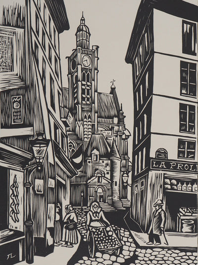 Jean LEBEDEFF : Vieux Paris. Rue de la Montagne-Sainte-Geneviève, 1924 - Gravure sur bois (détail)