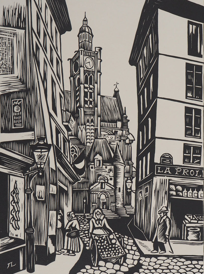 Jean LEBEDEFF : Vieux Paris. Rue de la Montagne-Sainte-Geneviève, 1924 - Gravure sur bois (détail)