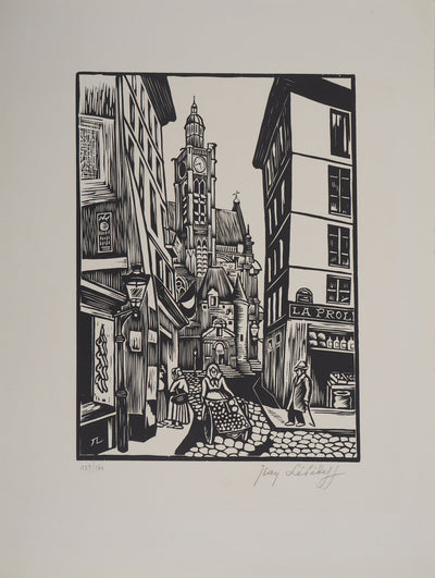 Jean LEBEDEFF : Vieux Paris. Rue de la Montagne-Sainte-Geneviève, 1924 - Gravure sur bois (détail)