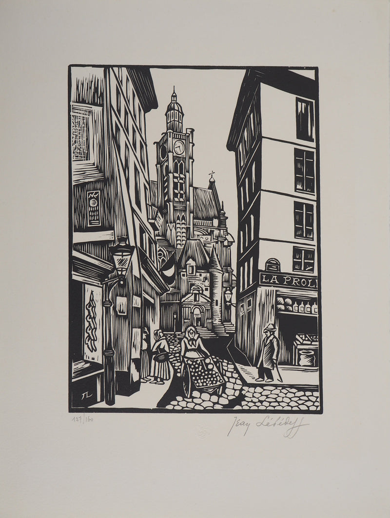 Jean LEBEDEFF : Vieux Paris. Rue de la Montagne-Sainte-Geneviève, 1924 - Gravure sur bois (détail)