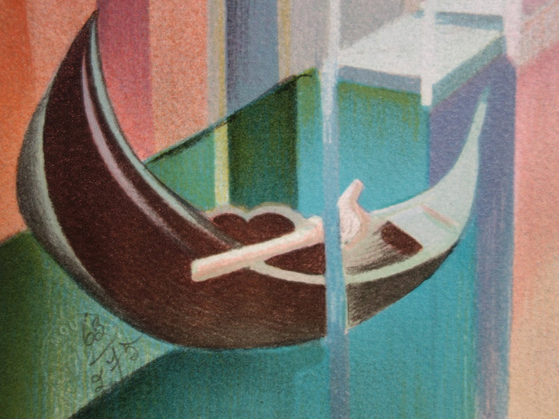 Janick LEDERLE : Gondoles à Venise - Lithographie (détail)