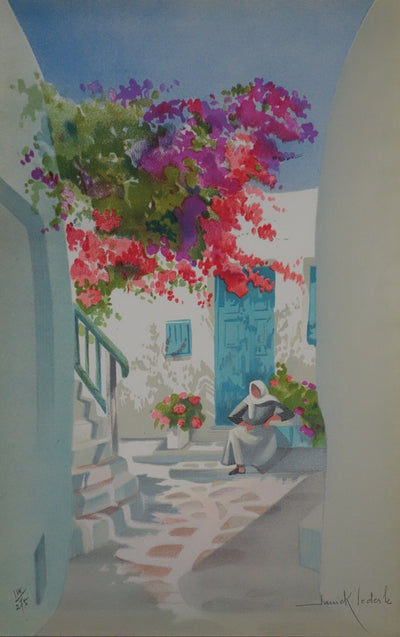 Janick LEDERLE : Petite cour à Santorin - Lithographie