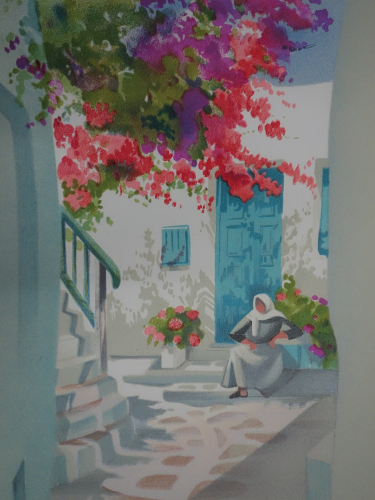 Janick LEDERLE : Petite cour à Santorin - Lithographie (détail)