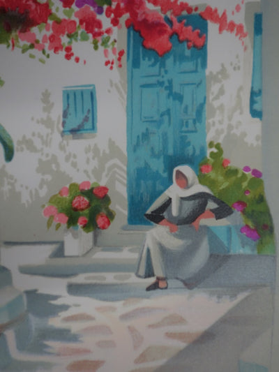 Janick LEDERLE : Petite cour à Santorin - Lithographie (détail)