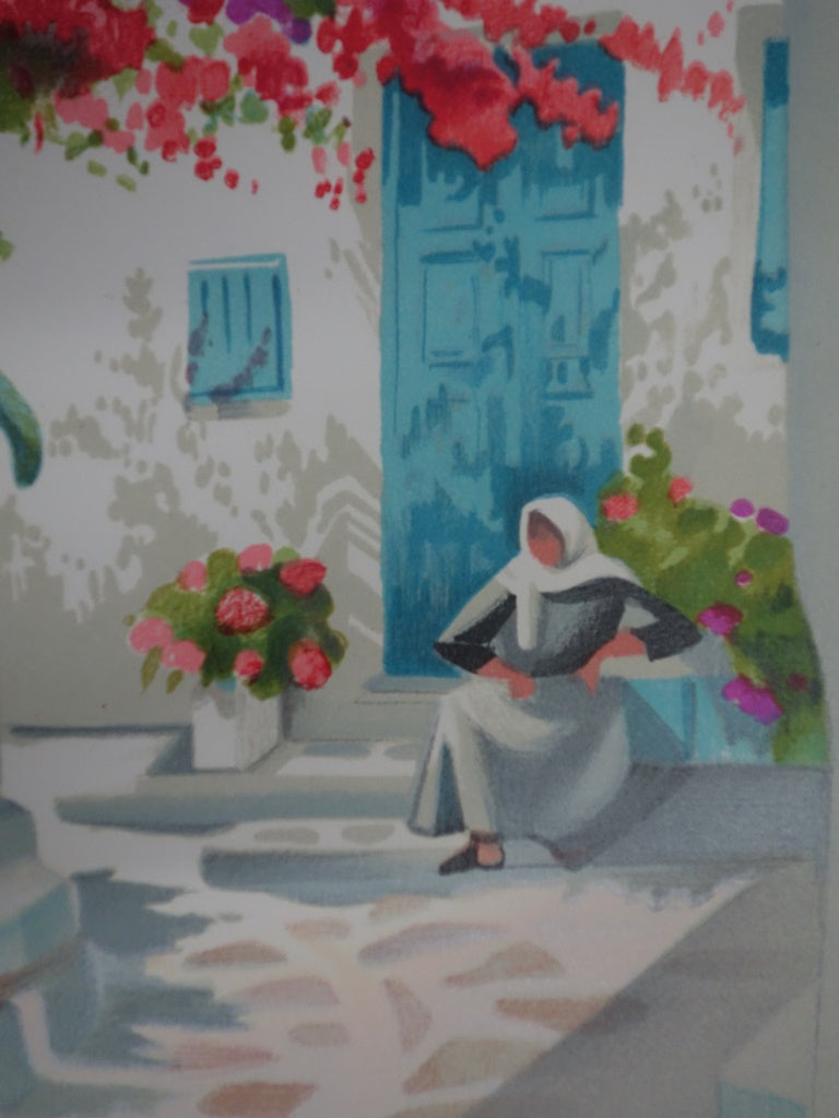 Janick LEDERLE : Petite cour à Santorin - Lithographie (détail)
