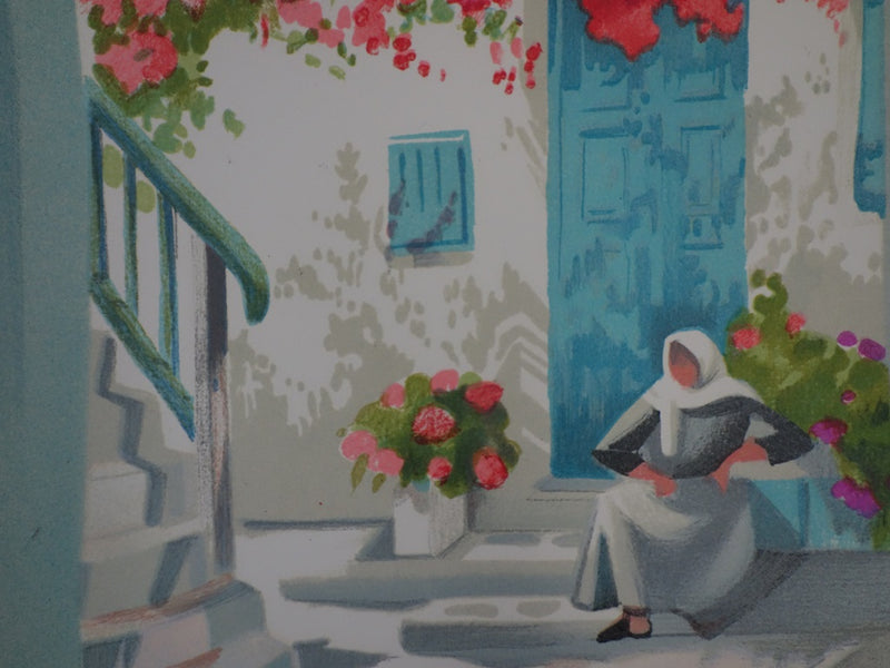 Janick LEDERLE : Petite cour à Santorin - Lithographie (détail)