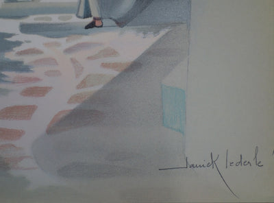 Janick LEDERLE : Petite cour à Santorin - Lithographie (détail)