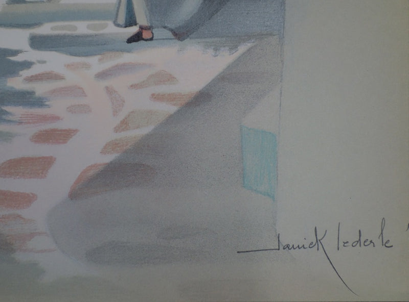 Janick LEDERLE : Petite cour à Santorin - Lithographie (détail)