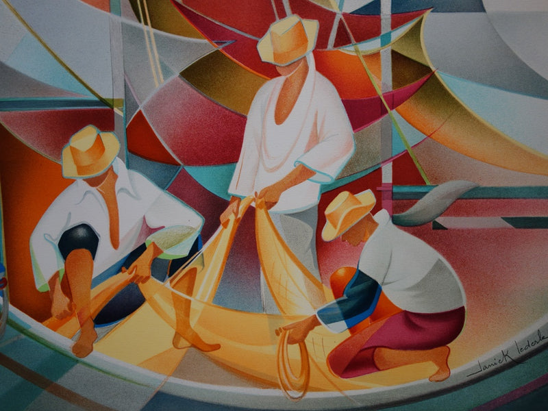 Janick LEDERLE : Retour de pèche - Lithographie (détail)