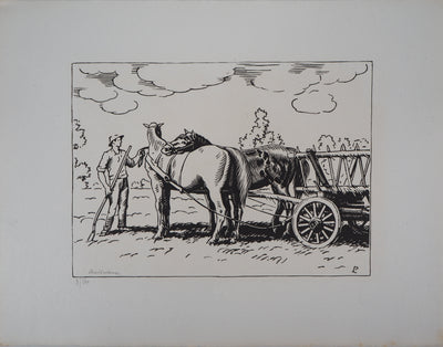 Paul LEDOUX : L'attelage - 1929 - Gravure sur bois