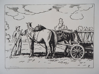 Paul LEDOUX : L'attelage - 1929 - Gravure sur bois (détail)