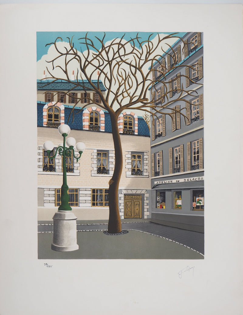 Jules LEFRANC : Paris, Place de Furstenberg - Lithographie (détail)