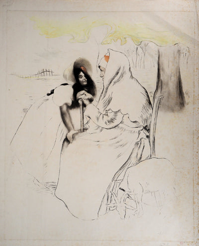 Louis LEGRAND : Grande mère, sa petite fille et une chèvre - Gravure