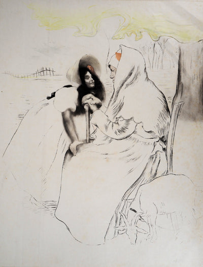 Louis LEGRAND : Grande mère, sa petite fille et une chèvre - Gravure (détail)