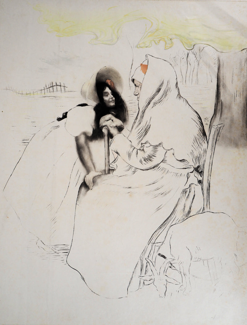 Louis LEGRAND : Grande mère, sa petite fille et une chèvre - Gravure (détail)