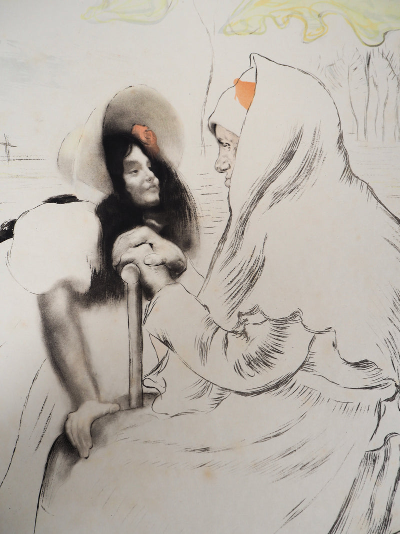 Louis LEGRAND : Grande mère, sa petite fille et une chèvre - Gravure (détail)