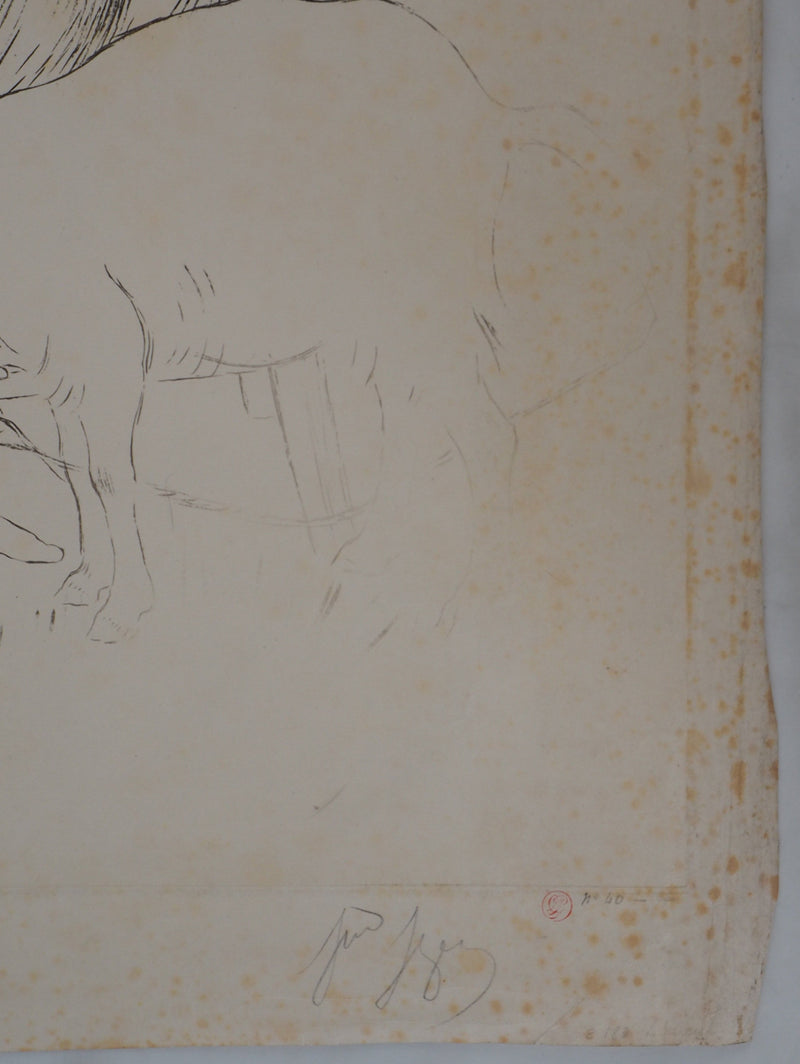 Louis LEGRAND : Grande mère, sa petite fille et une chèvre - Gravure (détail)