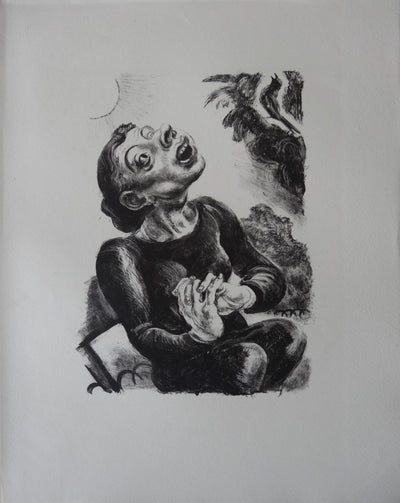 Edy LEGRAND : Femme à l'oiseau chanteur (Rosalie), Lithographie originale (vue générale) - Crédit photo : Galerie Art.Paris