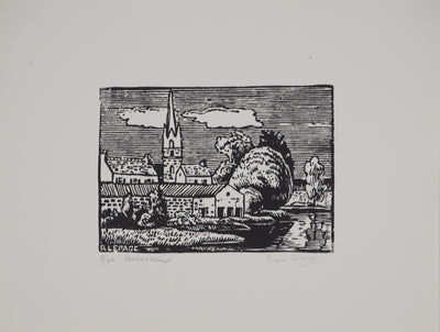 Pierre LEPAGE : Bretagne : L'église de Rosporden - Gravure sur bois (détail)