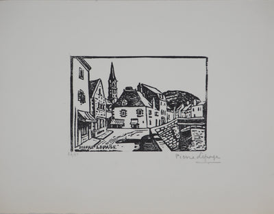 Pierre LEPAGE : Bretagne : Village traditionnel - Gravure sur bois (détail)