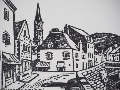 Pierre LEPAGE : Bretagne : Village traditionnel - Gravure sur bois (détail)