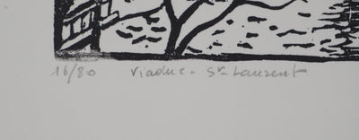 Pierre LEPAGE : Vendée : Viaduc de Saint-Laurent-sur-sèvre - Gravure sur bois (détail)