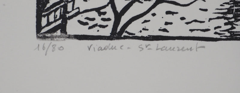 Pierre LEPAGE : Vendée : Viaduc de Saint-Laurent-sur-sèvre - Gravure sur bois (détail)