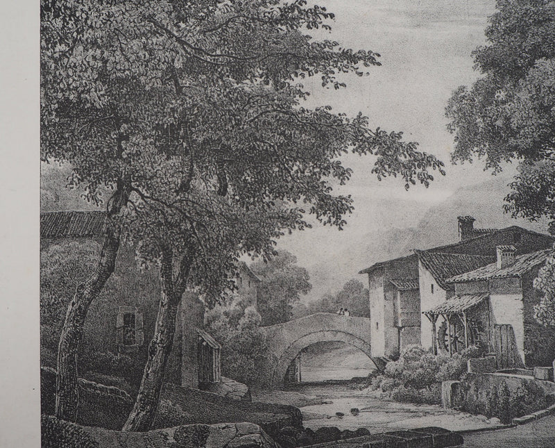 Xavier LEPRINCE : Le moulin à eau (Isère, Furan à Sassenage) - Lithographie (détail)