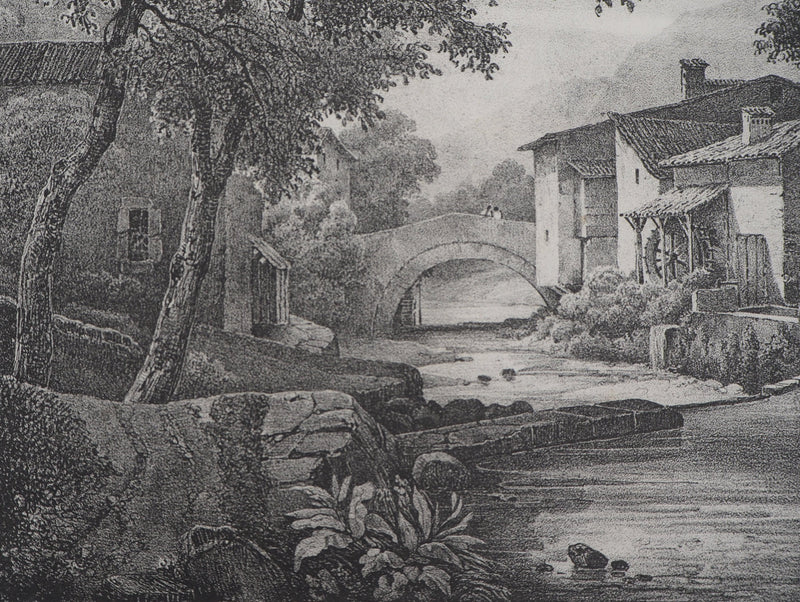 Xavier LEPRINCE : Le moulin à eau (Isère, Furan à Sassenage) - Lithographie (détail)