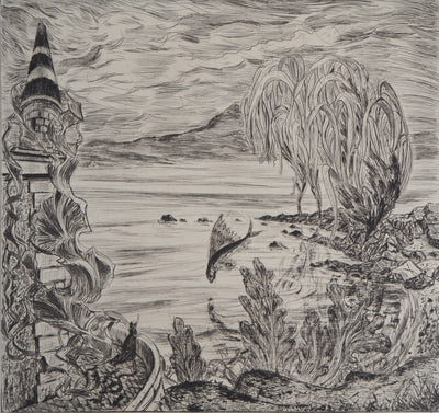 Herbert LESPINASSE : Paysage de conte - Gravure (détail)