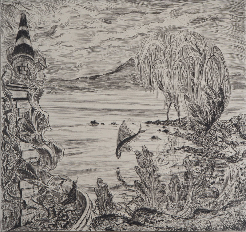 Herbert LESPINASSE : Paysage de conte - Gravure (détail)