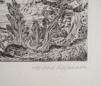 Herbert LESPINASSE : Paysage de conte - Gravure (détail)