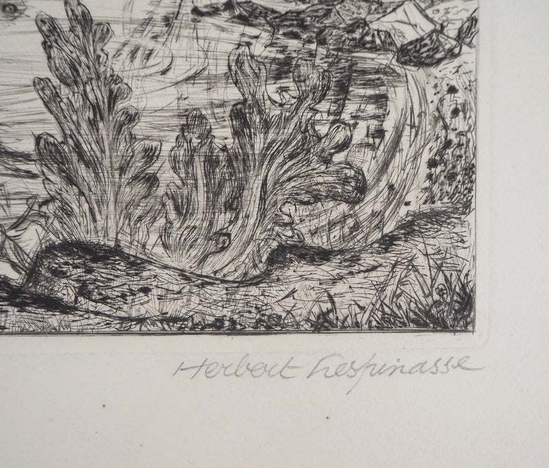 Herbert LESPINASSE : Paysage de conte - Gravure (détail)