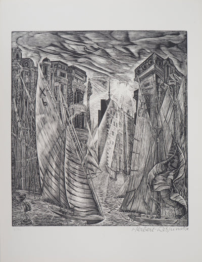 Herbert LESPINASSE : Argosie. Le port, 1922 - Gravure sur bois