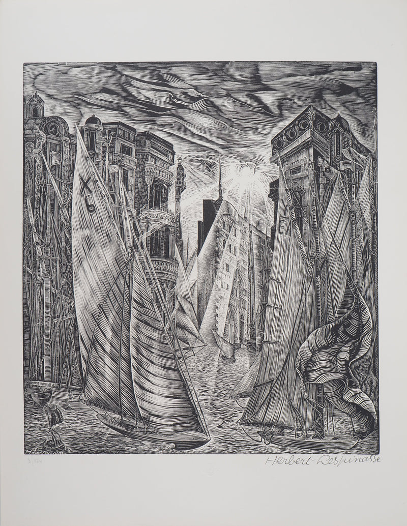 Herbert LESPINASSE : Argosie. Le port, 1922 - Gravure sur bois