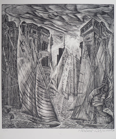 Herbert LESPINASSE : Argosie. Le port, 1922 - Gravure sur bois (détail)