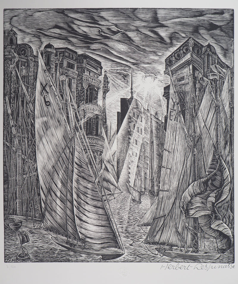 Herbert LESPINASSE : Argosie. Le port, 1922 - Gravure sur bois (détail)