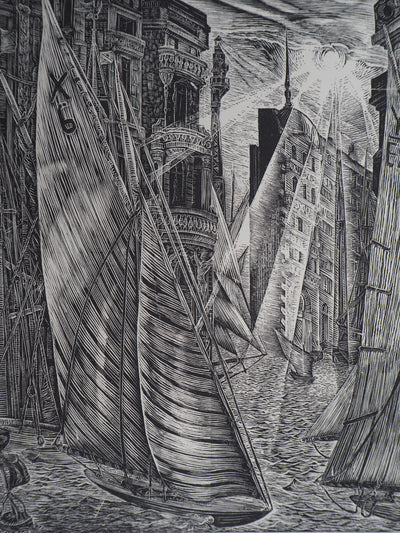 Herbert LESPINASSE : Argosie. Le port, 1922 - Gravure sur bois (détail)