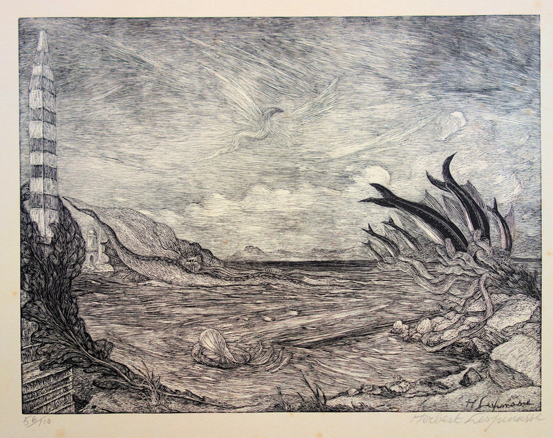 Herbert LESPINASSE : Paysage mythique aquatique - Gravure sur bois (détail)