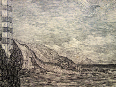 Herbert LESPINASSE : Paysage mythique aquatique - Gravure sur bois (détail)