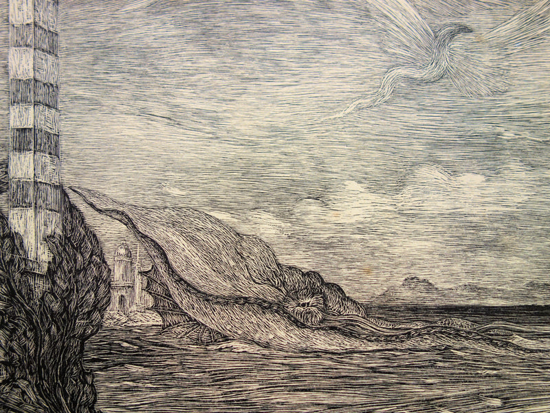 Herbert LESPINASSE : Paysage mythique aquatique - Gravure sur bois (détail)