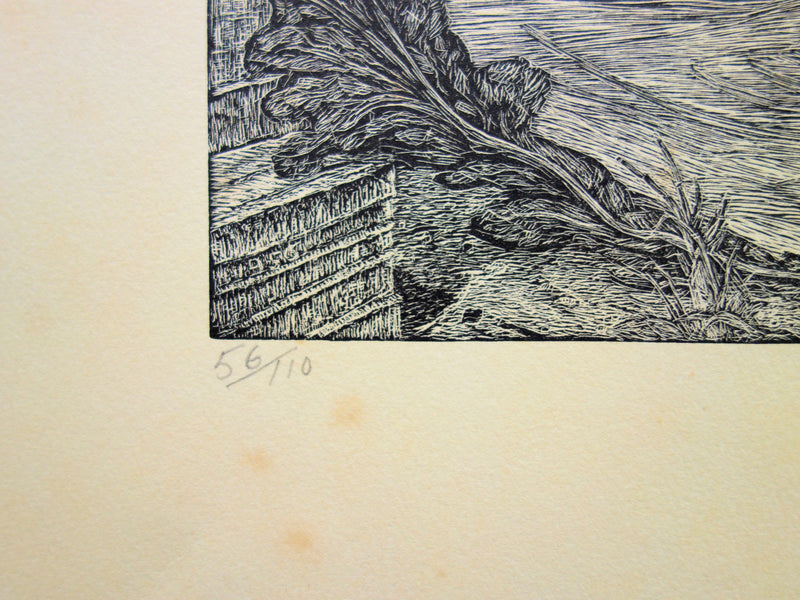 Herbert LESPINASSE : Paysage mythique aquatique - Gravure sur bois (détail)