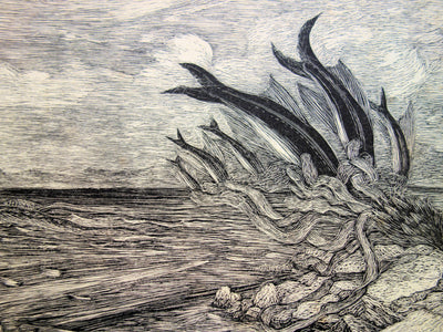Herbert LESPINASSE : Paysage mythique aquatique - Gravure sur bois (détail)