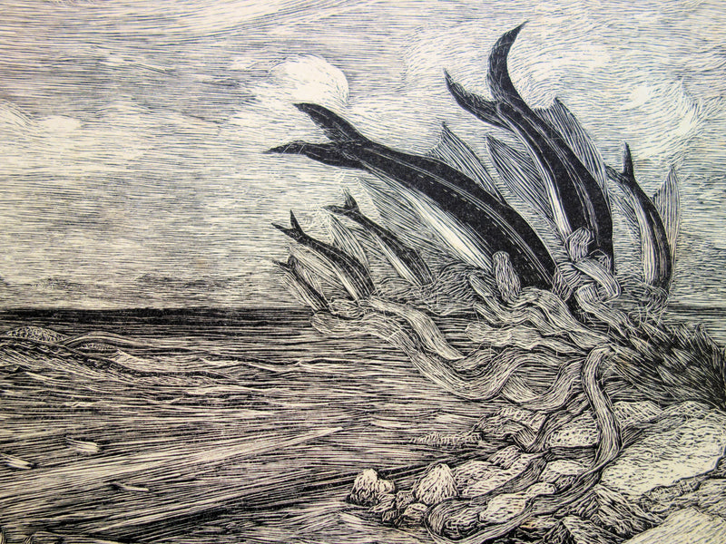 Herbert LESPINASSE : Paysage mythique aquatique - Gravure sur bois (détail)