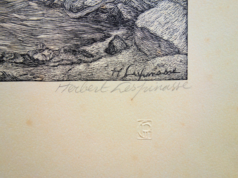Herbert LESPINASSE : Paysage mythique aquatique - Gravure sur bois (détail)