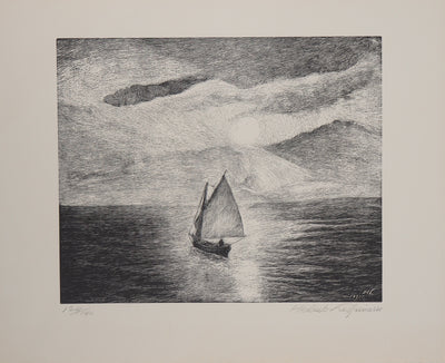 Herbert LESPINASSE : Bateau ivre au clair de lune - Lithographie (détail)
