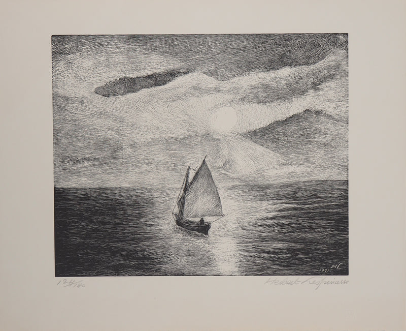 Herbert LESPINASSE : Bateau ivre au clair de lune - Lithographie (détail)