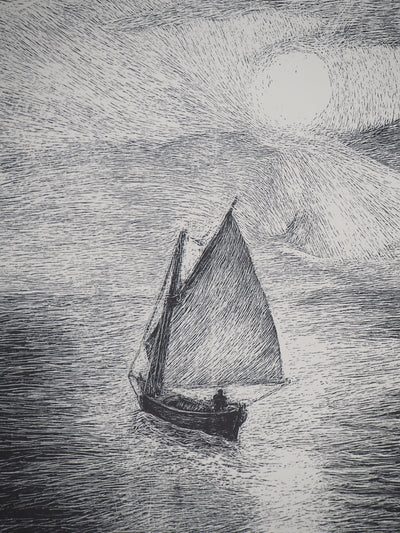 Herbert LESPINASSE : Bateau ivre au clair de lune - Lithographie (détail)