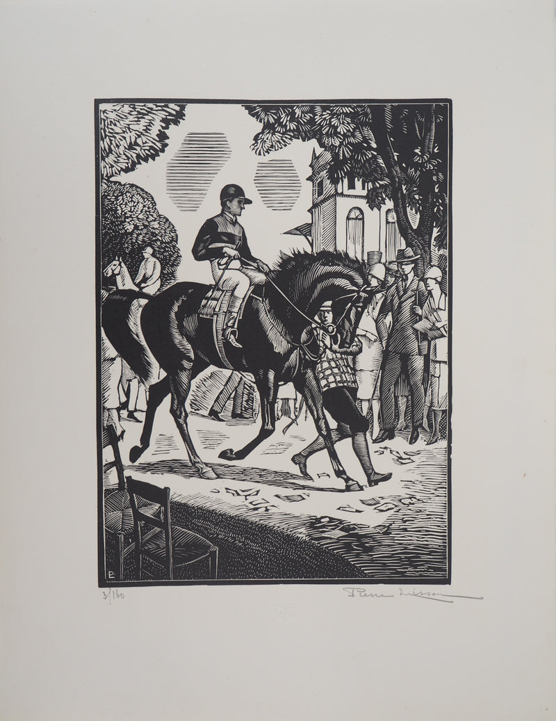 Pierre LISSAC : Jockey avant la course, 1926 - Gravure sur bois (détail)